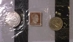 1939  GERMANY THIRD REICH XF SILVER 2 & 5 MARK & 3 PFENNIG STAMP SET!