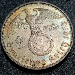 1938-F *BEAUTIFULLY TONED* SILVER 2 REICHSMARK WW2-ERA THIRD REICH SILVER COIN