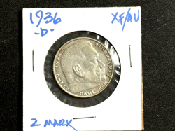 GERMAN 1936 D 2 REICHSMARK HINDENBURG SILVER COIN THIRD REICH WW2 MARK   RARE🔥!