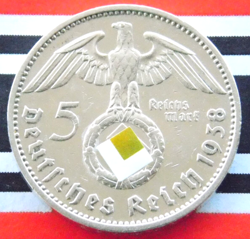 GERMAN 5 REICHSMARK 1938 F SWASTIKA HINDENBURG SILVER COIN 3RD REICH WW2 MARK BU