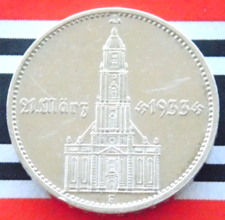 GERMAN COIN 5 REICHSMARK 1934 F POTSDAM CHURCH SWASTIKA DATE SILVER 3RD WW2 MARK