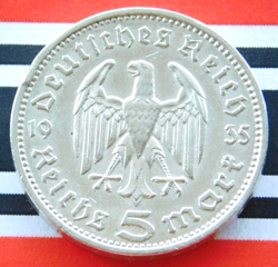GERMAN 5 REICHSMARK 1935 F EAGLE HINDENBURG SILVER COIN 3RD REICH WW2  RARE MARK