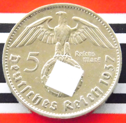 GERMAN COIN 5 REICHSMARK 1937 F SWASTIKA HINDENBURG SILVER 3RD REICH WW2 MARK BU