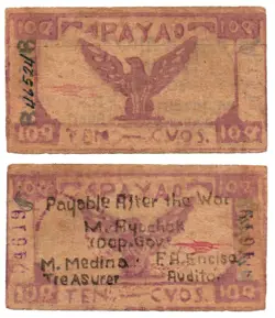 PHILIPPINE S103 ND APAYAO 10 CENTAVO EMERGENCY SCRIPT WW2 WING NOTE LOW PRINTING