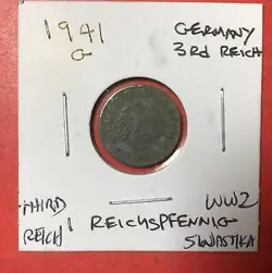 1941G GERMANY THIRD REICH SWASTIKA WORLD WAR 2! 1 PFENNIG! OLD GERMAN COIN!