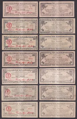 7 VARIETIES MINDANAO 10 PESOS PHILIPPINE WW2 EMERGENCY BANKNOTE