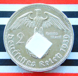 GERMAN 2 REICHSMARK 1939 G SWASTIKA HINDENBURG SILVER COIN 3RD REICH WW2 MARK BU