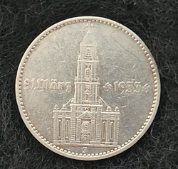 WW2 GERMAN 1934  2 MARK (F)  SILVER  GARRISONKIRCHE REICH COIN.