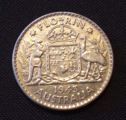 1943 AUSTRALIA FLORIN HALF DOLLAR STERLING SILVER 925 AU BU SLIDER WW2 TYPE COIN