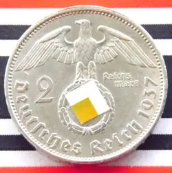 GERMAN 2 REICHSMARK 1937 A SWASTIKA HINDENBURG SILVER COIN 3RD REICH WW2 UNC MK