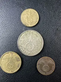 GERMAN 3RD REICH WW2 LOT 4 COINS 1, 5, 10 REICHSPFENNIG & 2 REICHSMARK - SILVER