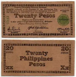 PHILIPPINES NEGROS EMERGENCY NOTE 1944 20 PESOS S680 BROWN PAPER WW2 AU