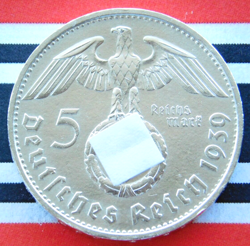 GERMAN COIN 5 REICHSMARK 1939 B SWASTIKA HINDENBURG SILVER 3RD REICH WW2 MARK BU