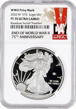 2020 W END OF WORLD WAR WW2 V75 PRIVY AMERICAN SILVER EAGLE PROOF PR70 NGC PF70