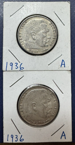 1936 A 5 REICHSMARK GERMAN WW2 SILVER COIN THIRD REICH - LOT OF 2