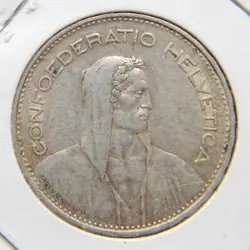 SWITZERLAND, PRE-WW2 1932-B SILVER 5 FRANCS; TONED XF