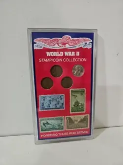 2 VINTAGE COMMEMORATIVE COINS AND STAMPS WW2, NATIVE AMERICAN NICKELS & PENNIES