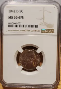 1942-D 5C THOMAS JEFFERSON WW2 NICKEL ~ NGC MS 66 6FS ~ SIX FULL STEPS TONER!!!!