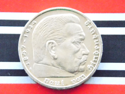 GERMAN 5 REICHSMARK 1939 A SWASTIKA HINDENBURG SILVER COIN 3RD REICH WW2 MARK BU
