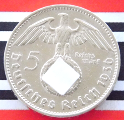 GERMAN 5 REICHSMARK 1936 J SWASTIKA HINDENBURG SILVER COIN 3RD REICH WW2 MARK BU