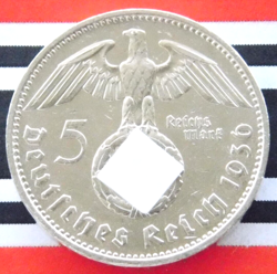 GERMAN 5 REICHSMARK 1936 F SWASTIKA HINDENBURG SILVER COIN 3RD REICH WW2 MARK BU