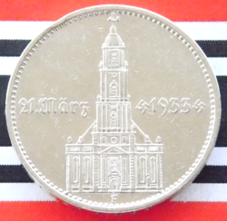 GERMAN 5 REICHSMARK 1934 F POTSDAM CHURCH SWASTIKA DATE SILVER COIN 3RD WW2 MARK