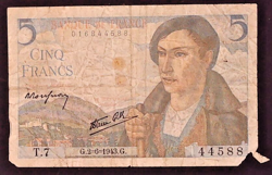 1943 FRANCE 5 FRANCS  WWII WW2 FOREIGN CURRENCY BANKNOTES