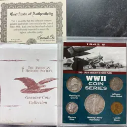 1942 S WW2 UNITED STATES SILVER COIN SET AMERICAN HISTORIC SOCIETY W/COA HOLDER