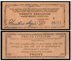 PHILIPPINES 1943 MINDANAO 20 CENTAVOS EMERGENCY BANKNOTE S483B WW2 1ST PRINTING