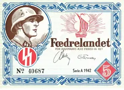 CURRENCY DENMARK 1942 WW2 DANISH LEGION FELDPOST 5K WAR ERA UNCIRCULATED