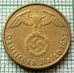 GERMANY THIRD REICH 1937 A 5 REICHSPFENNIG EAGLE HOLDING SWASTIKA KM# 91