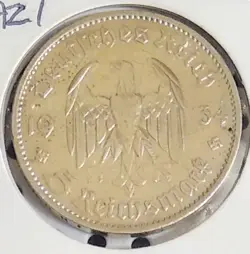 1934A WW2 GERMAN 5 MARK SILVER COIN POTSDAM CHURCH 2 SWASTIKAS AU BEAUTIFUL!!!
