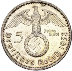 1939 NAZI GERMANY WW2 THIRD REICH 5 REICHSMARK SILVER 90% GOLD TONING CHOICE UNC