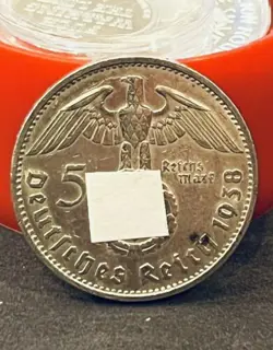 RARE THIRD REICH GERMAN 5 REICHSMARK HINDENBURG SILVER COIN - WWII SILVER!