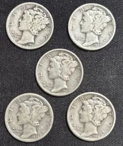 SILVER MERCURY DIMES 1941D 1942D 1943D 1944 1945D WW2 D MINT LOT