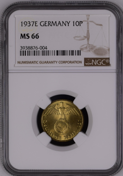 THIRD REICH 10 PFENNIG COIN NGC MS66 1937E GERMANY - HIGHIEST GRADE