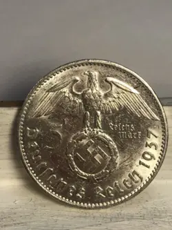 1937 J 5 MARK GERMAN WW2 SILVER COIN THIRD REICH HIGH GRADE W/LUSTER FREE SHIP S