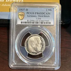 2 MARK 1937 D J-366 GERMANY THIRD REICH SILVER TOP POP HISTORY