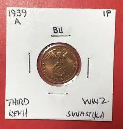 1939A GERMANY GEM UNCIRCULATED RED THIRD REICH SWASTIKA WORLD WAR 2! 1 PFENNIG!