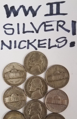 192A4245M8408 WW2 SILVER LOT OF 8 JEFFERSON WAR NICKELS 5 CENT 1942-45 COINS!!!!