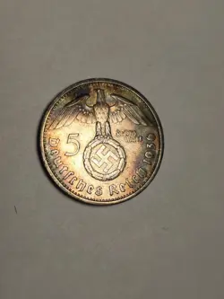 1936 A THIRD REICH WW2 GERMAN 5 REICHSMARK HINDENBURG SILVER COIN AU-UNC TONING