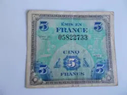 WW2 ALLIED OCCUPATION BANK NOTE~SERIES 1944~FRANCE~5 FRANCS