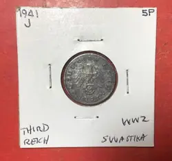 1941J GERMANY THIRD REICH SWASTIKA WORLD WAR 2! 5 PFENNIG! OLD GERMAN COIN!