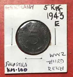 1943E GERMANY THIRD REICH SWASTIKA WORLD WAR 2! 5 PFENNIG! OLD GERMAN COIN!