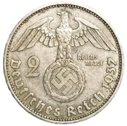 1937-A GERMANY THIRD REICH 2 MARK SILVER COIN NAZI SWASTIKA KM 93