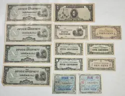 LOT OF 13 ASSORTED JAPANESE WW2 ALLIED MILITARY CURRENCY SEN PAPER MONEY NOTES
