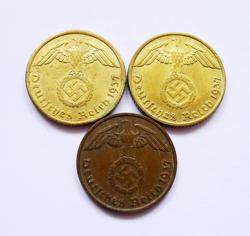 GERMANY WW2 X 3, 10 PFENNIG 1937-A  F (LUSTROUS), 2 PFENNIG 1937-D TRACE LUSTRE.