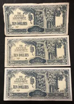 3 X 1942 WW2 MALAYA $10 JAPANESE OCCUPATIONAL BANKNOTES