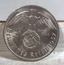 1937 F 5 MARK GERMAN WW2 SILVER COIN THIRD REICH HIGH GRADE W/LUSTER FREE SHIP U