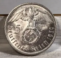 1939 J 5 MARK GERMAN WW2 SILVER COIN THIRD REICH HIGH GRADE W/LUSTER FREE SHIP U